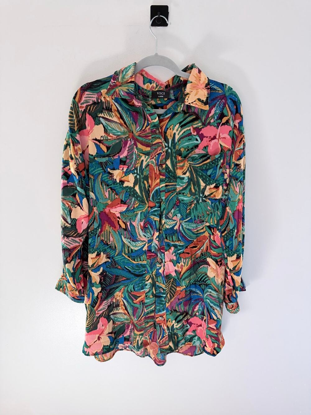 VICI Coverup Tropical Multicolor Coveted Button Down Shirt Dress Blouse-Size L